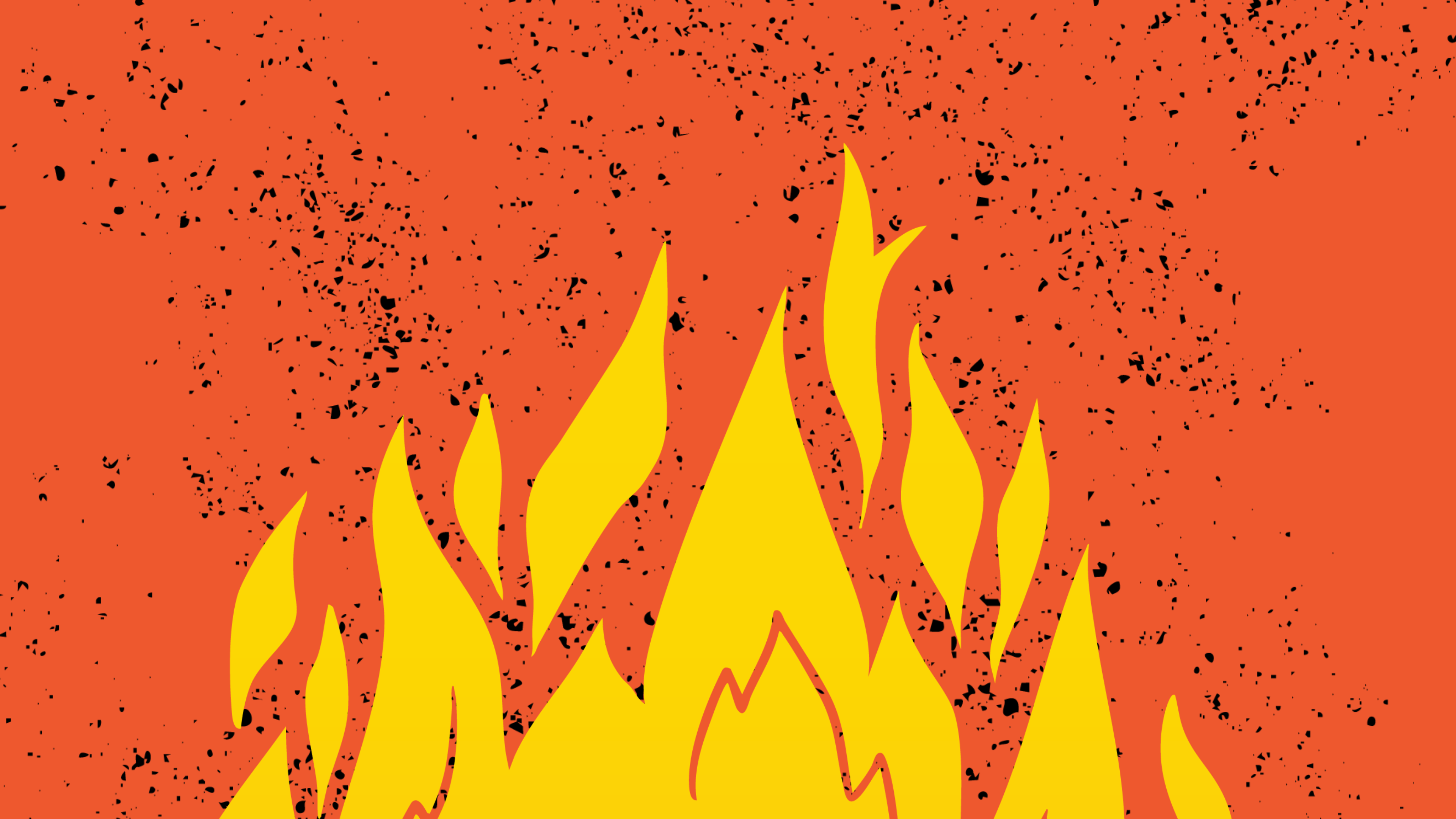 Graphic of fire and ash on an orange background. The flame sare in the center of the image and are yellow, the ash is black and speckled across the orange background.